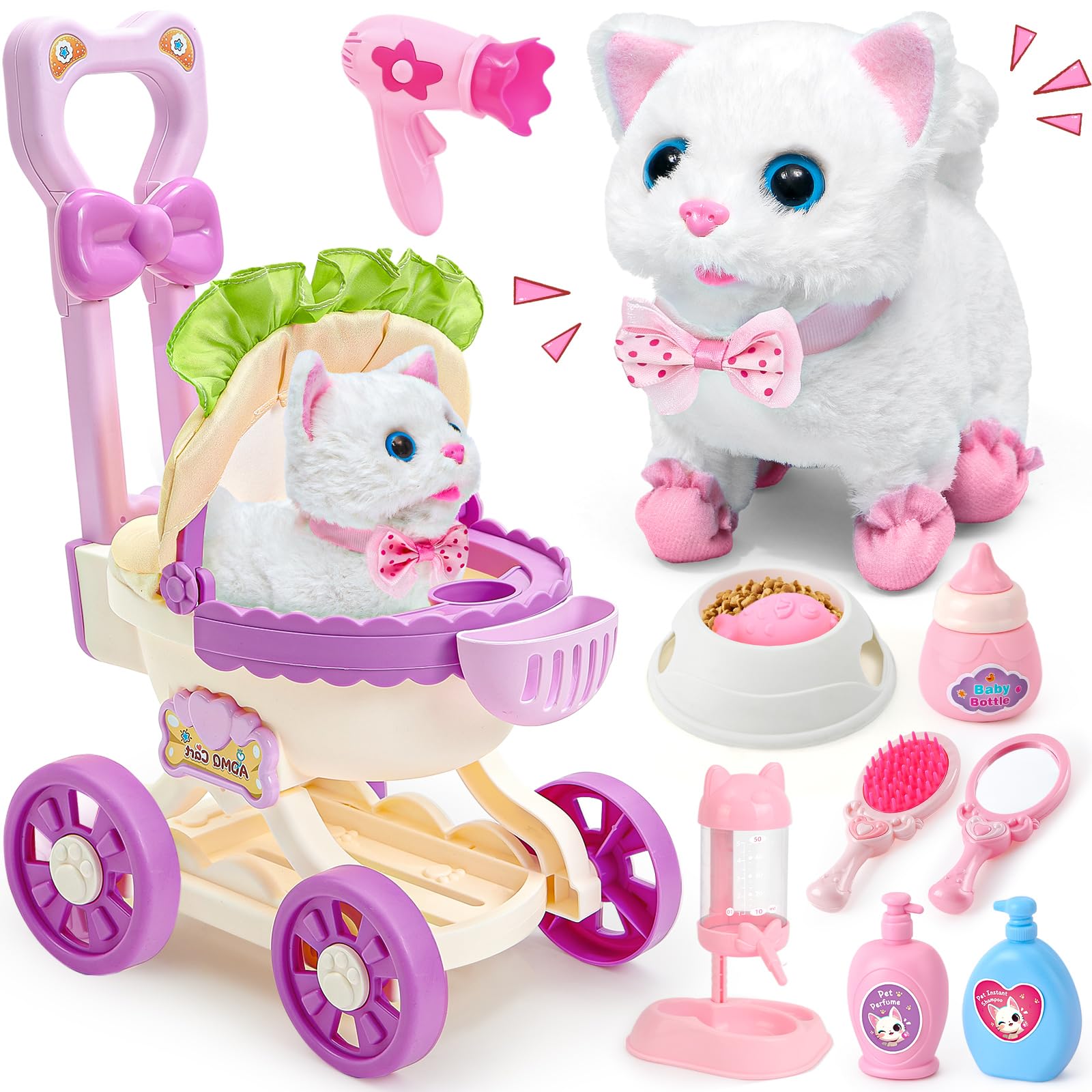 G.C Cat Toys plush cat walks, meows, and wags tail for imaginative play.