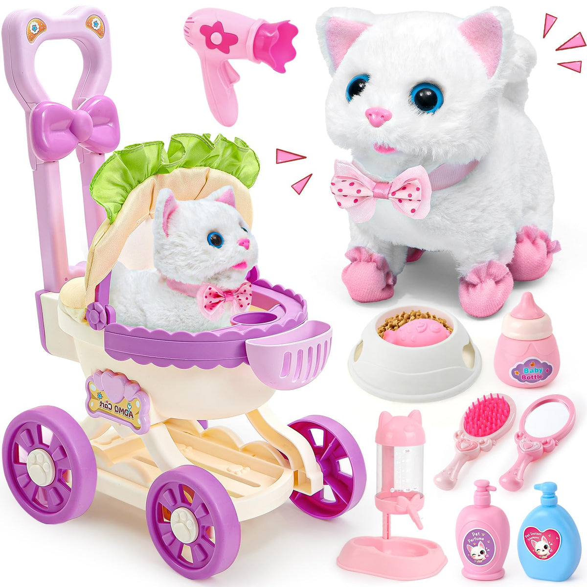 G.C Cat Toys plush cat walks, meows, and wags tail for imaginative play.