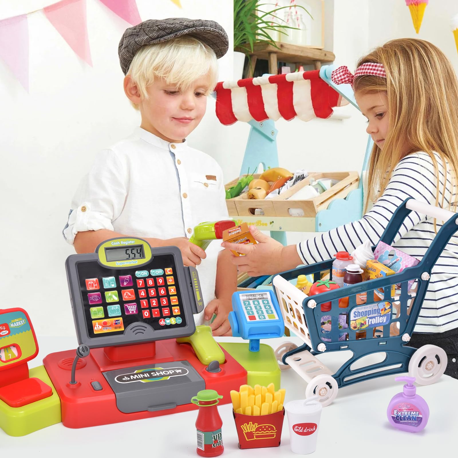 G.C cashier scanner and light scanner simulate checkout for real-world pretend play.