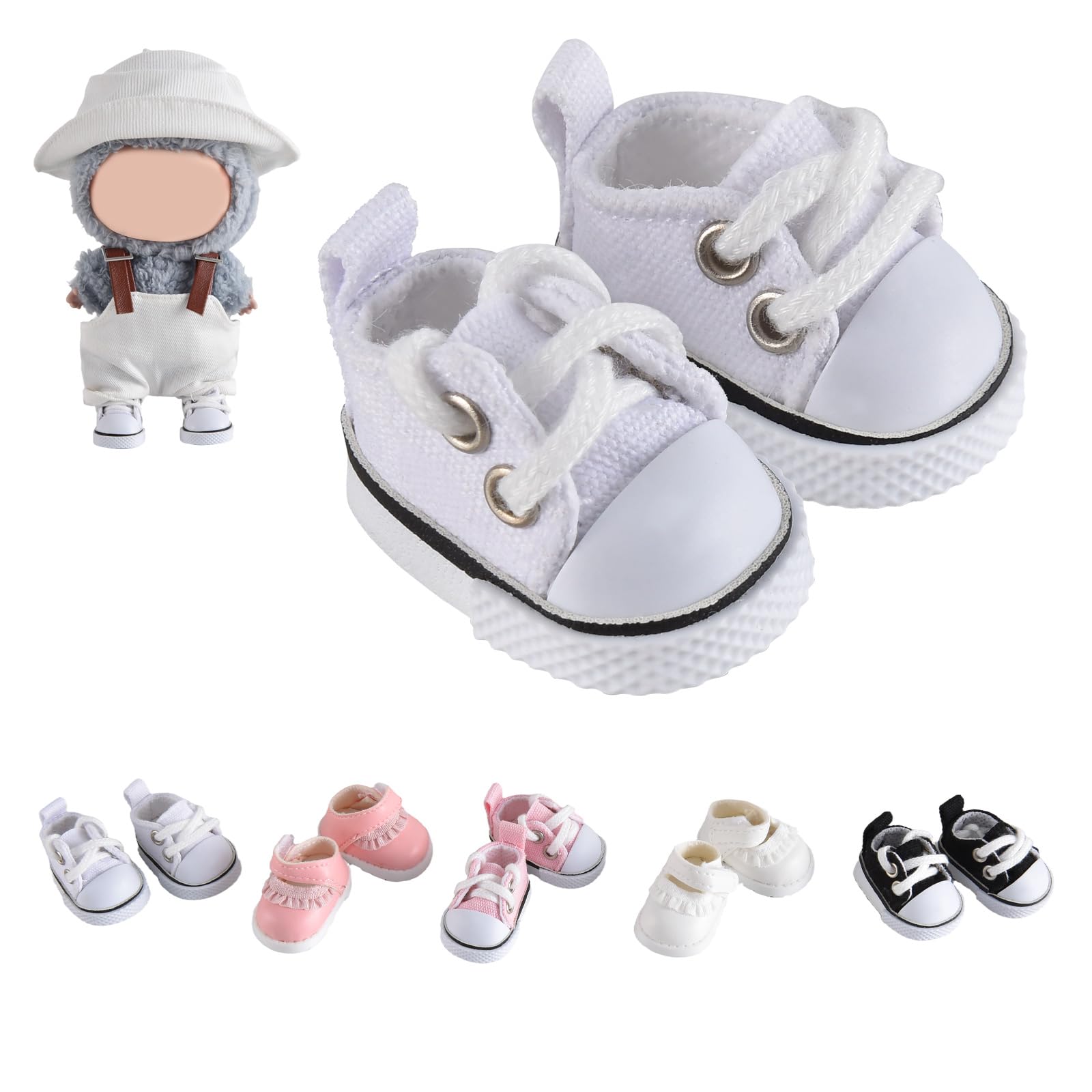 GDLSYLGHY Labubu doll shoes in white canvas for secure fit on 15–17 cm dolls.