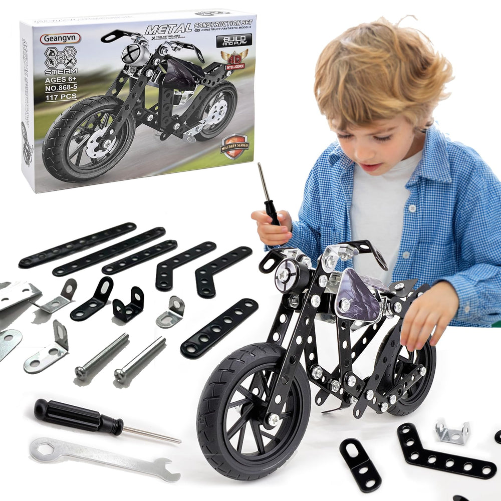 Geangvn metal model motorcycle kit on table for hands-on learning.