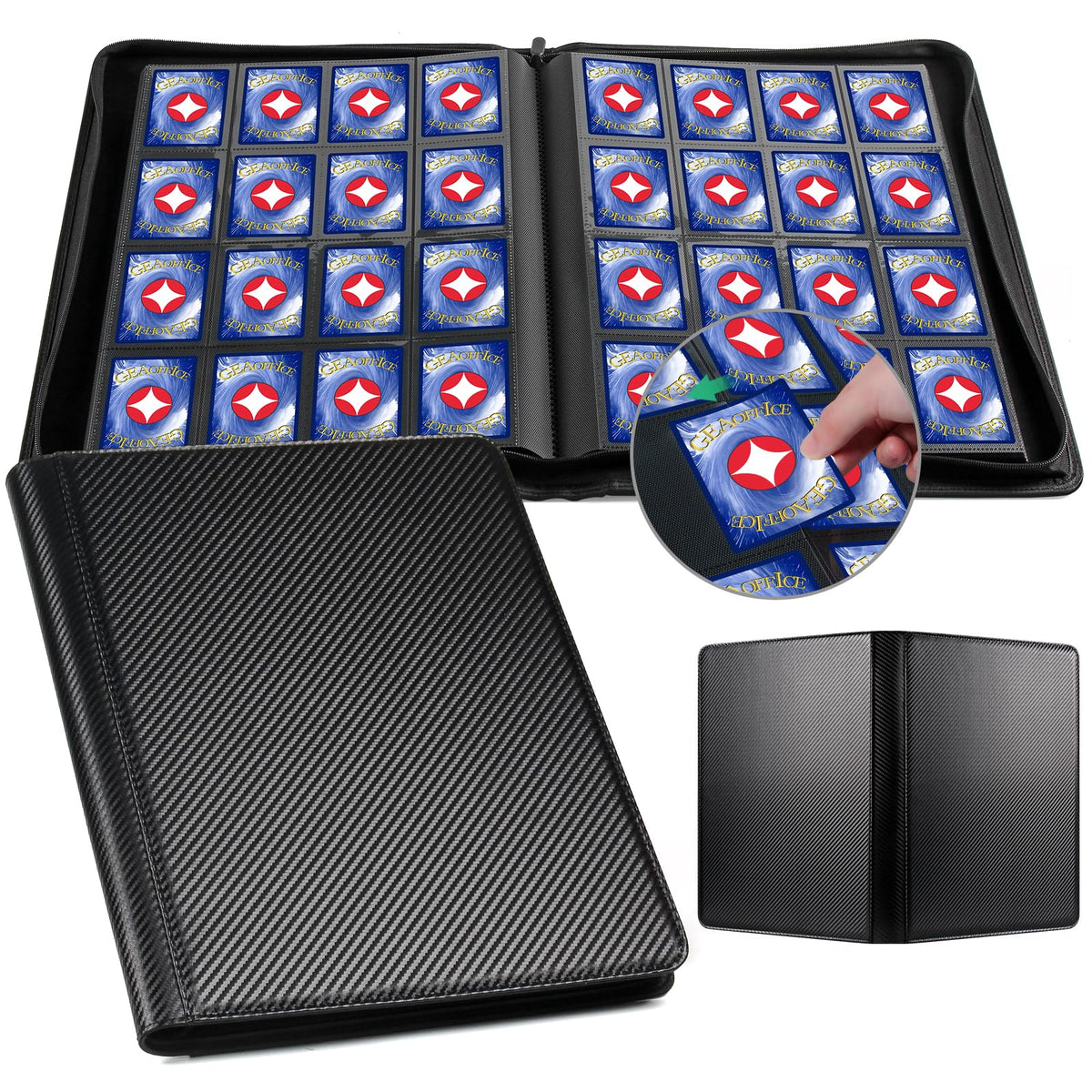 GEAoffice 16-pocket trading card binder with side-loading pockets keeps cards organized and protected.