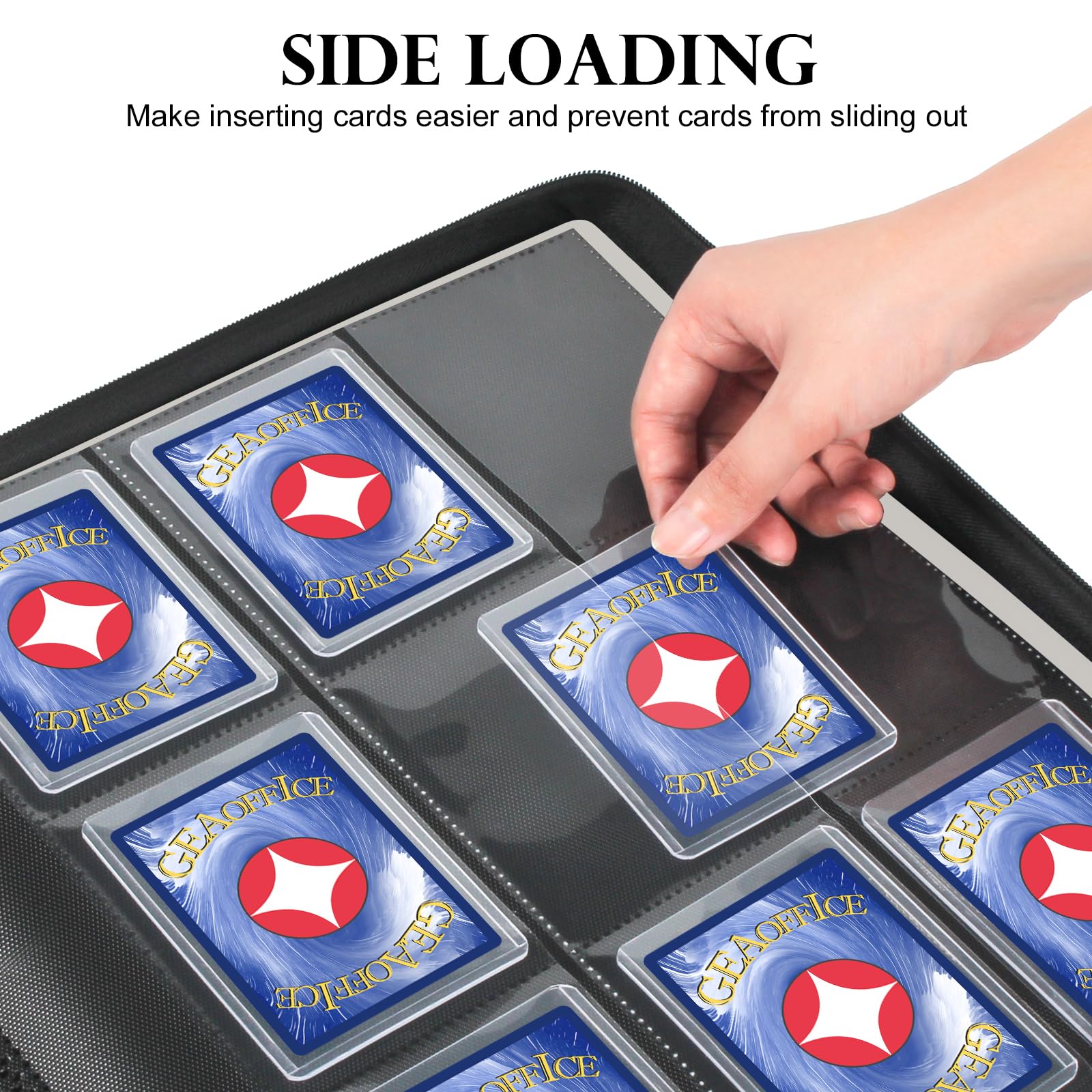 GEAoffice binder opened to reveal 324-card capacity and organized layout