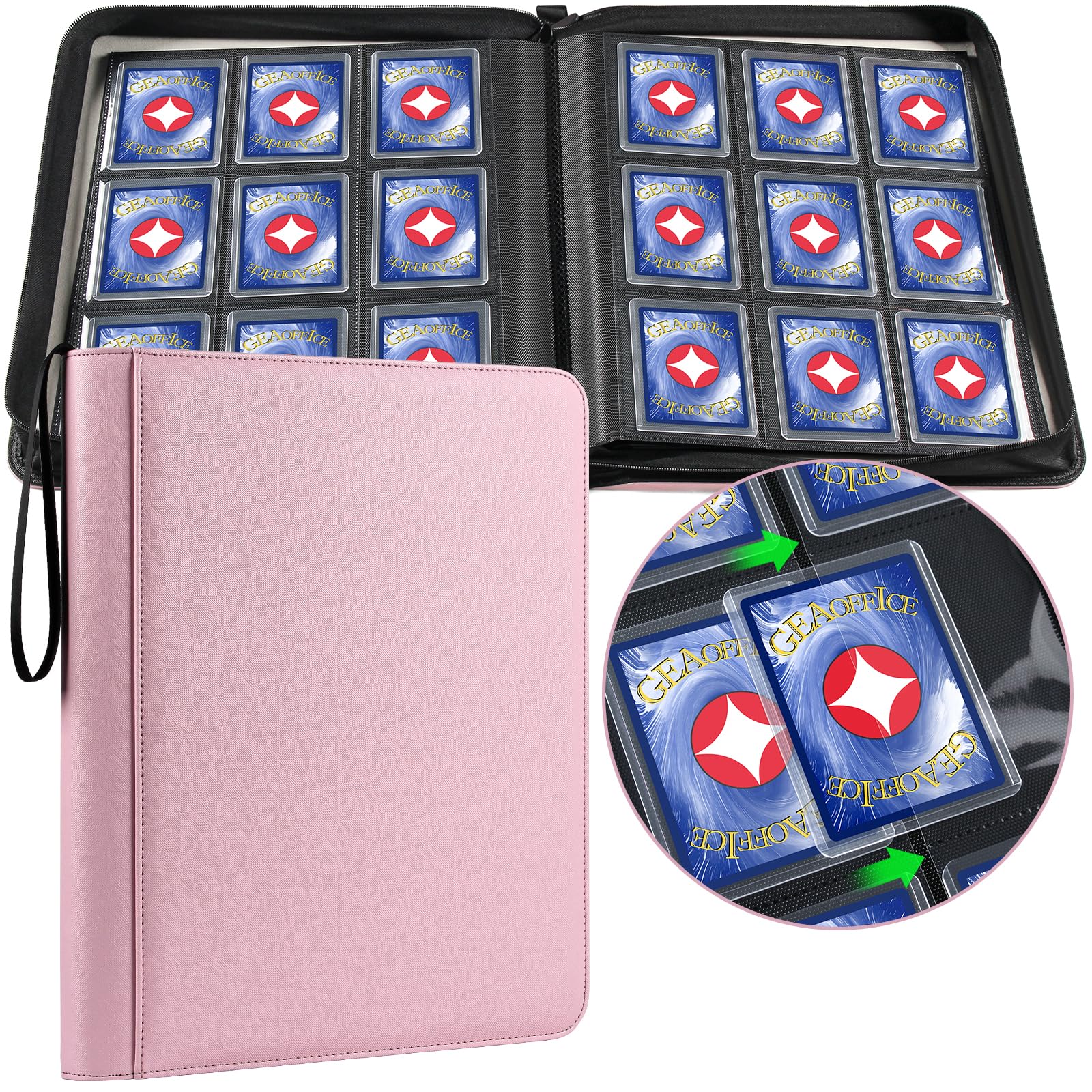 GEAoffice pink 9-pocket binder close-up shows durable zipper and PU leather finish for transport
