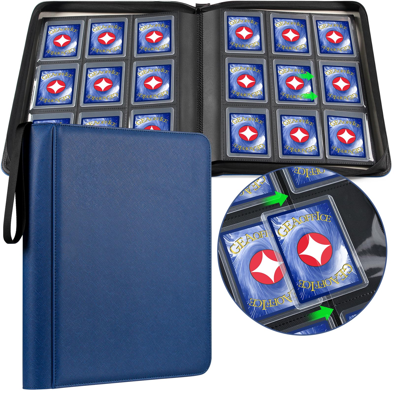 GEAoffice blue top loader binder with 324-card capacity for MTG and sports cards.