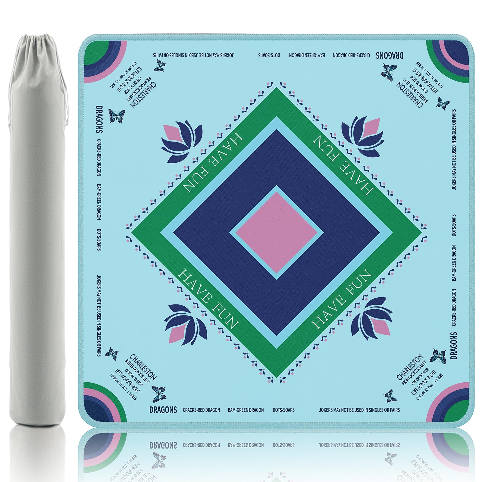 Gedgan Turquoise Mahjong Mat with lotus butterfly artwork for serene game nights.
