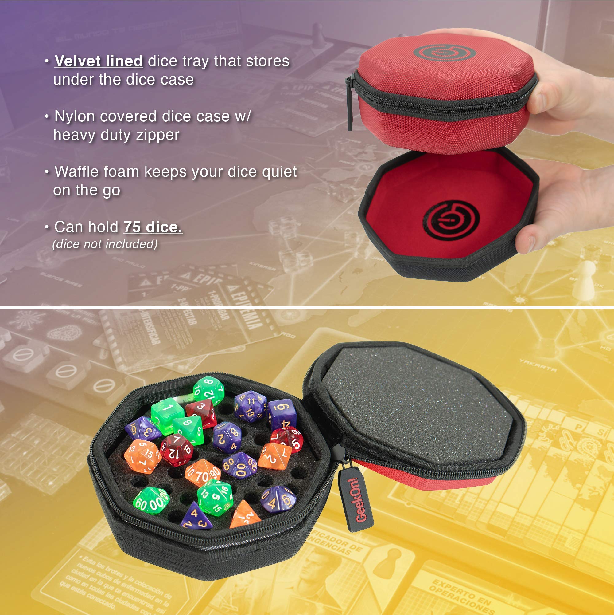 GEEKON red case open with felt tray for quick rolling.