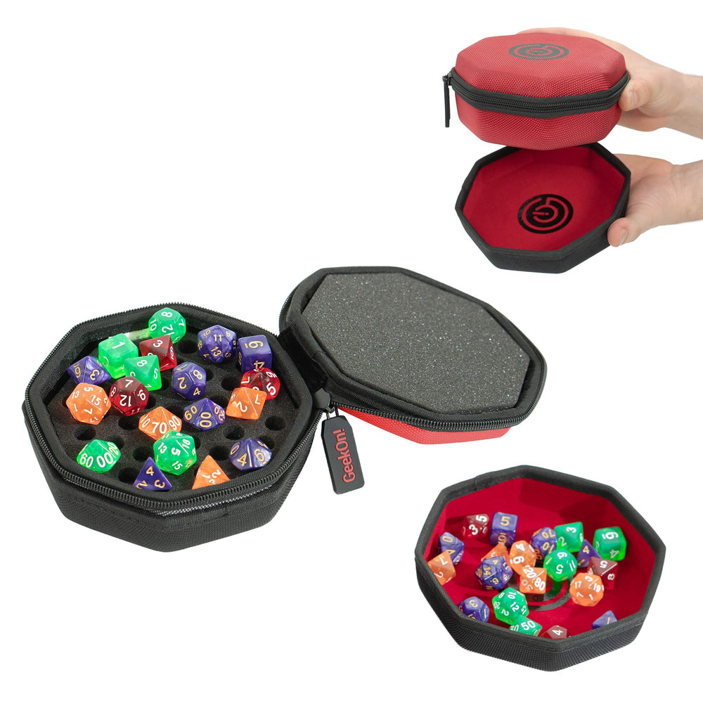 GEEKON red padded dice case, outer view, secure travel companion.