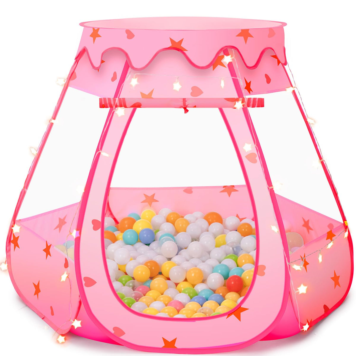 GeerWest Baby Ball Pit with star lights in pink tent for cozy indoor play.