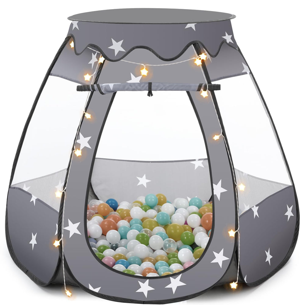 GeerWest baby ball pit with star lights enhances nighttime imaginative play indoors.