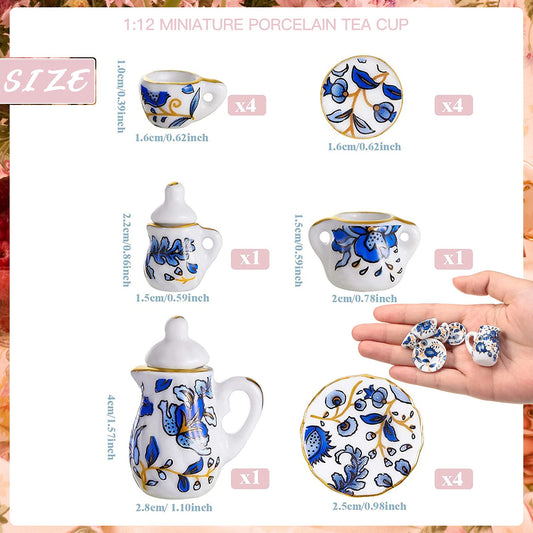 Geiserailie porcelain tea cups and saucers with blue pattern for realistic play kitchens.