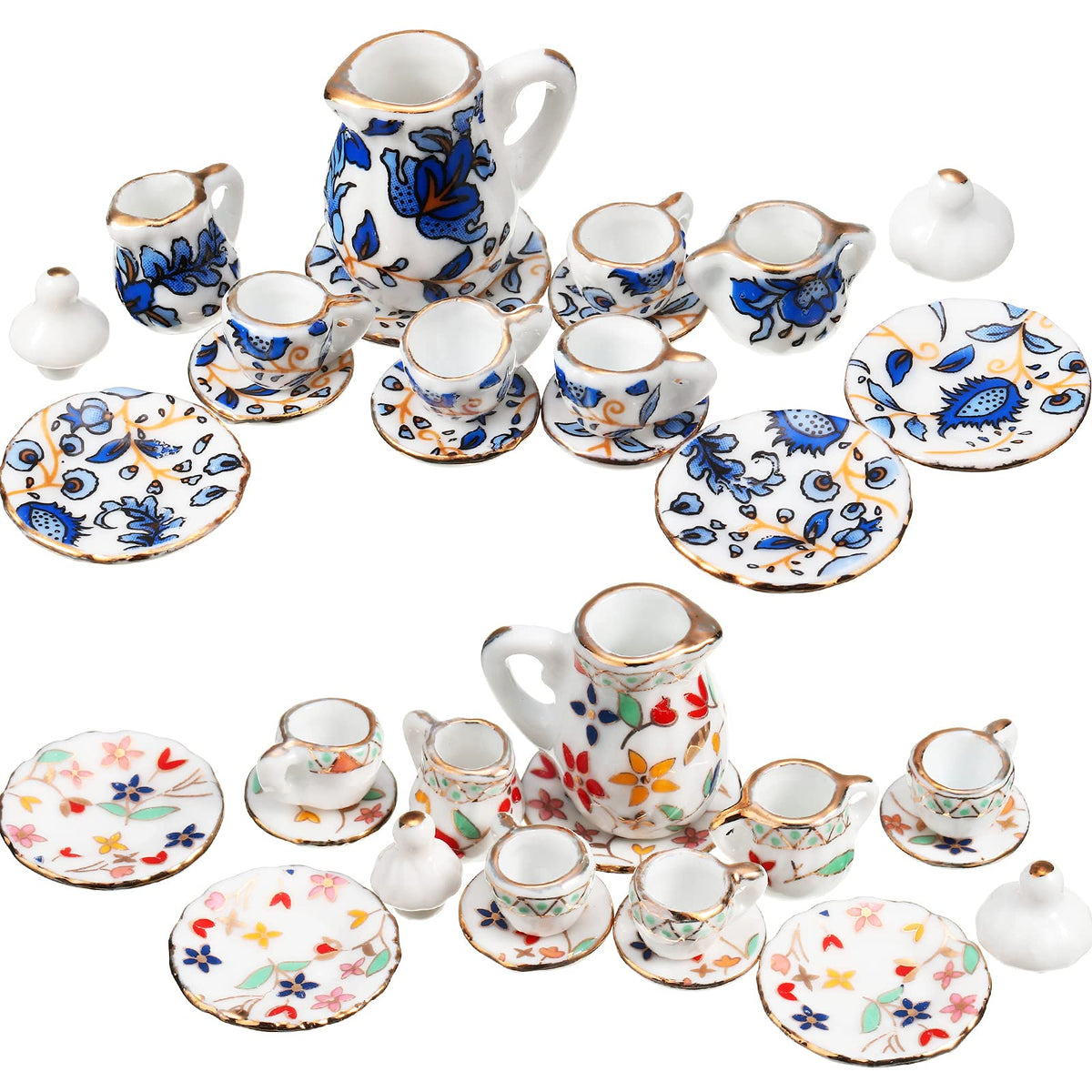 Geiserailie teapot set in porcelain with elegant blue pattern for dollhouse kitchens.