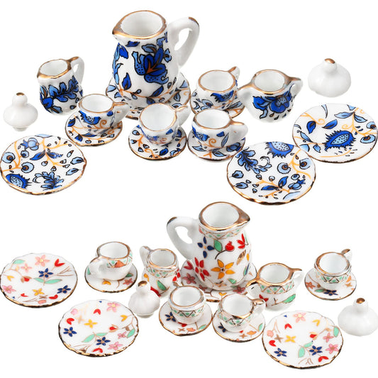 Geiserailie teapot set in porcelain with elegant blue pattern for dollhouse kitchens.