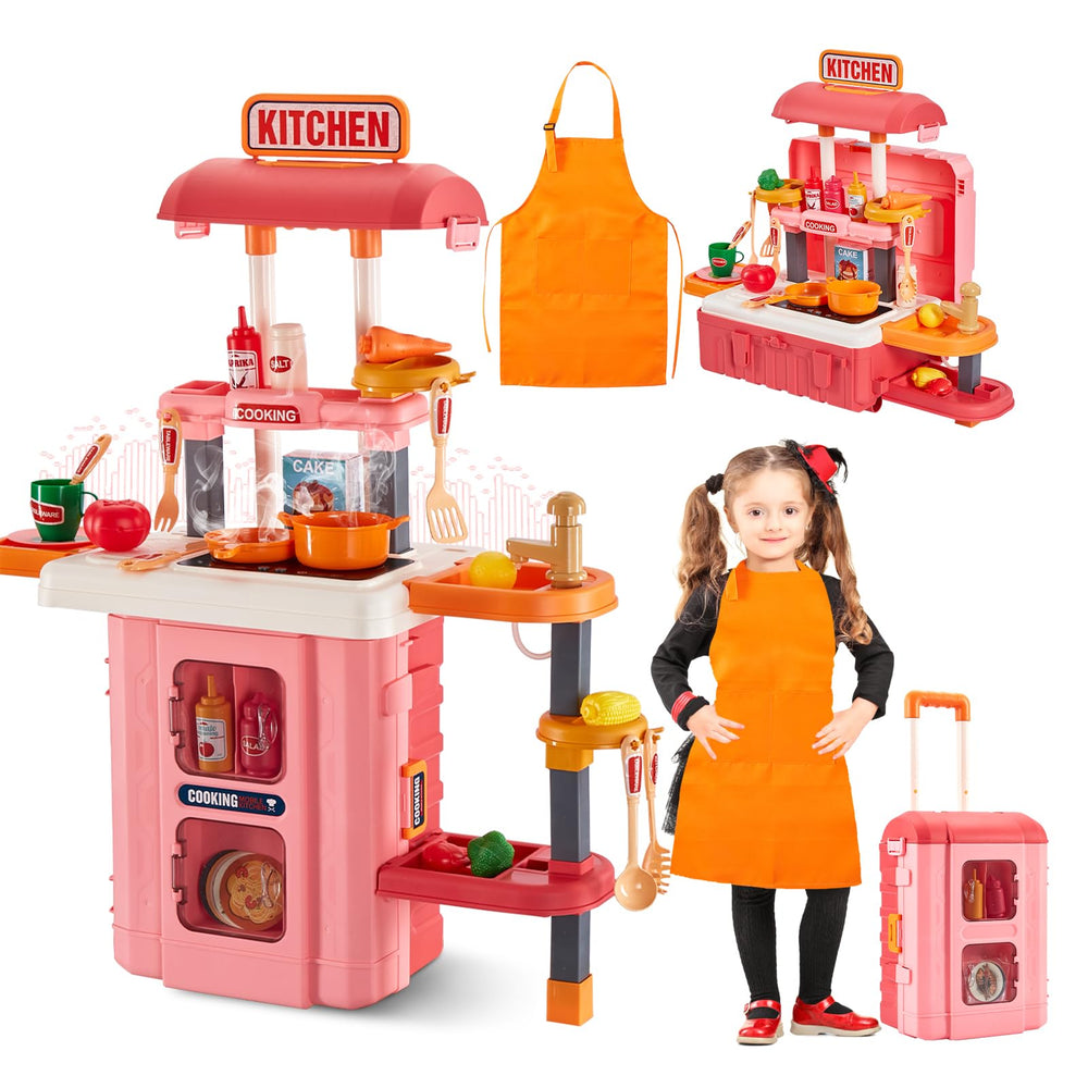 GEIYATOI 3-in-1 play kitchen side view for durable imaginative play.