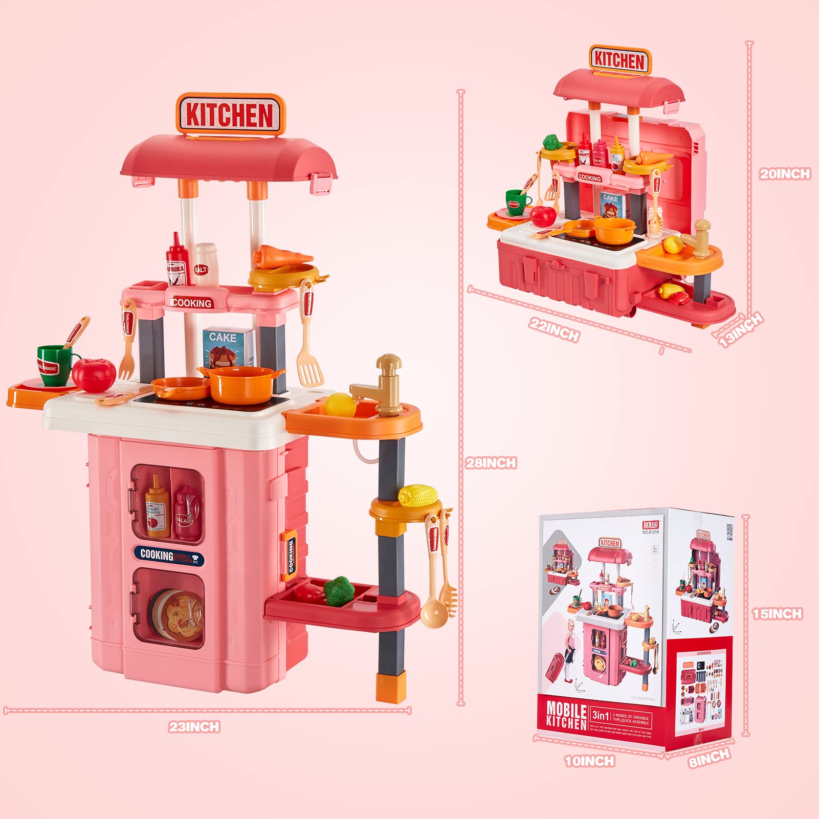GEIYATOI portable toy kitchen fits in a travel tote for on-the-go fun.