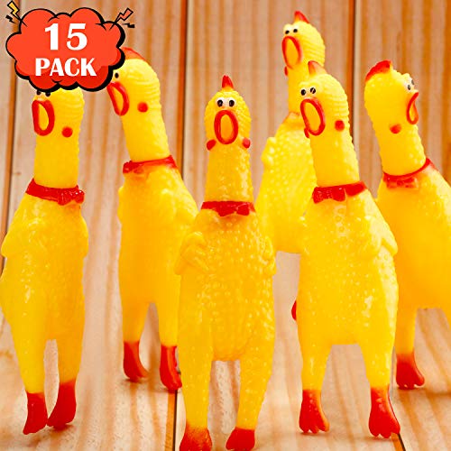 Gejoy 6.3-inch yellow rubber chicken noisemaker for playful pet interaction.
