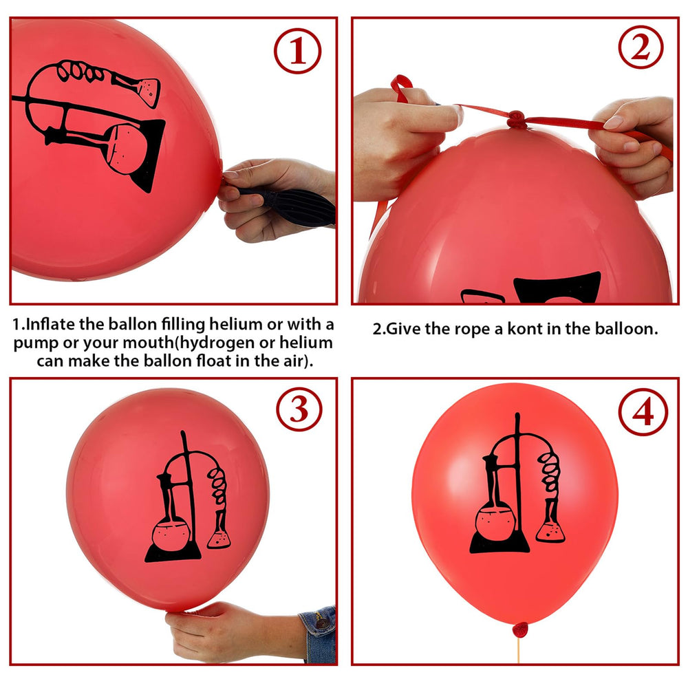 Gejoy balloon arch and column setups for striking science party displays.