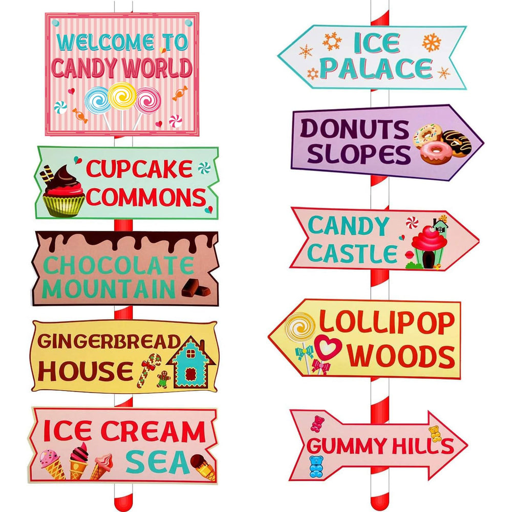Gejoy candyland signs collection with pink and blue directions for festive décor.