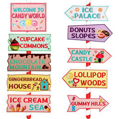 Gejoy candyland signs collection with pink and blue directions for festive décor.
