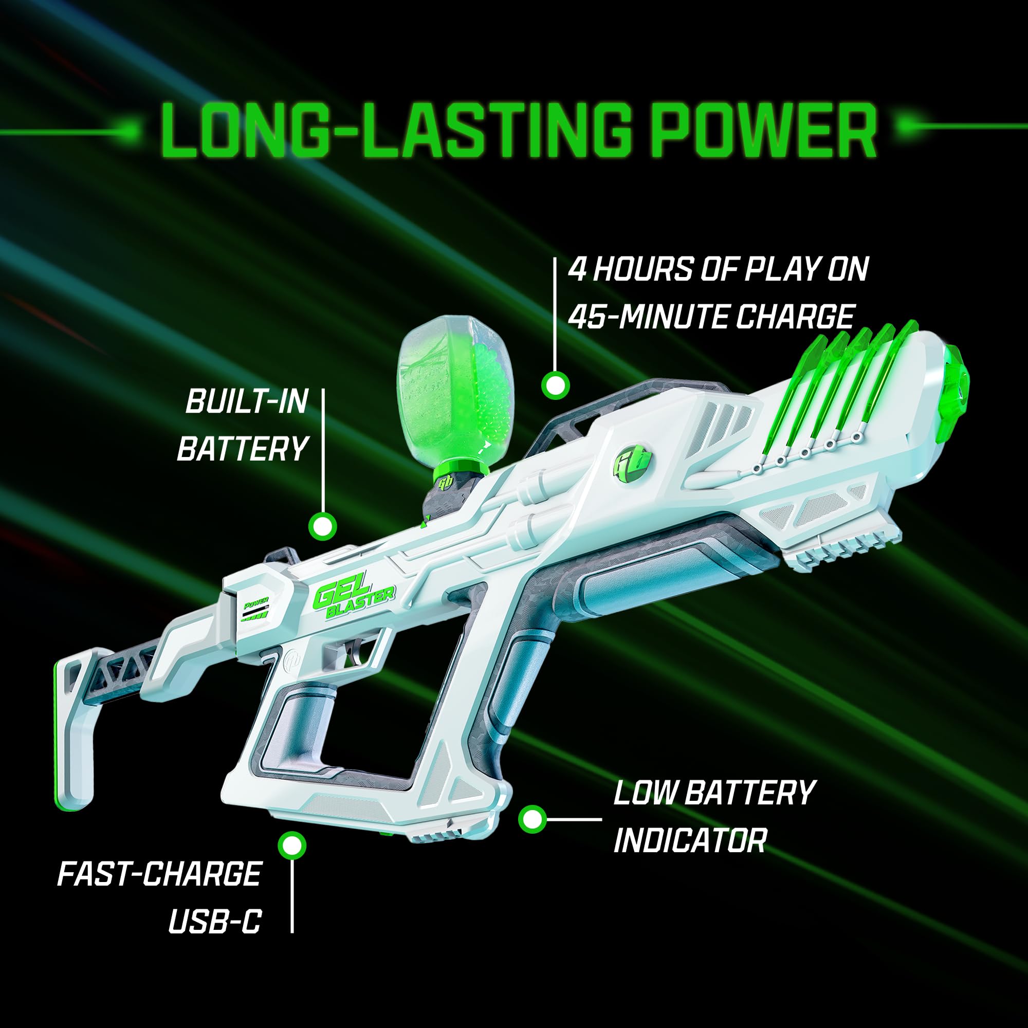 Gel Blaster Surge XL USB-C charging keeps you powered between rounds.