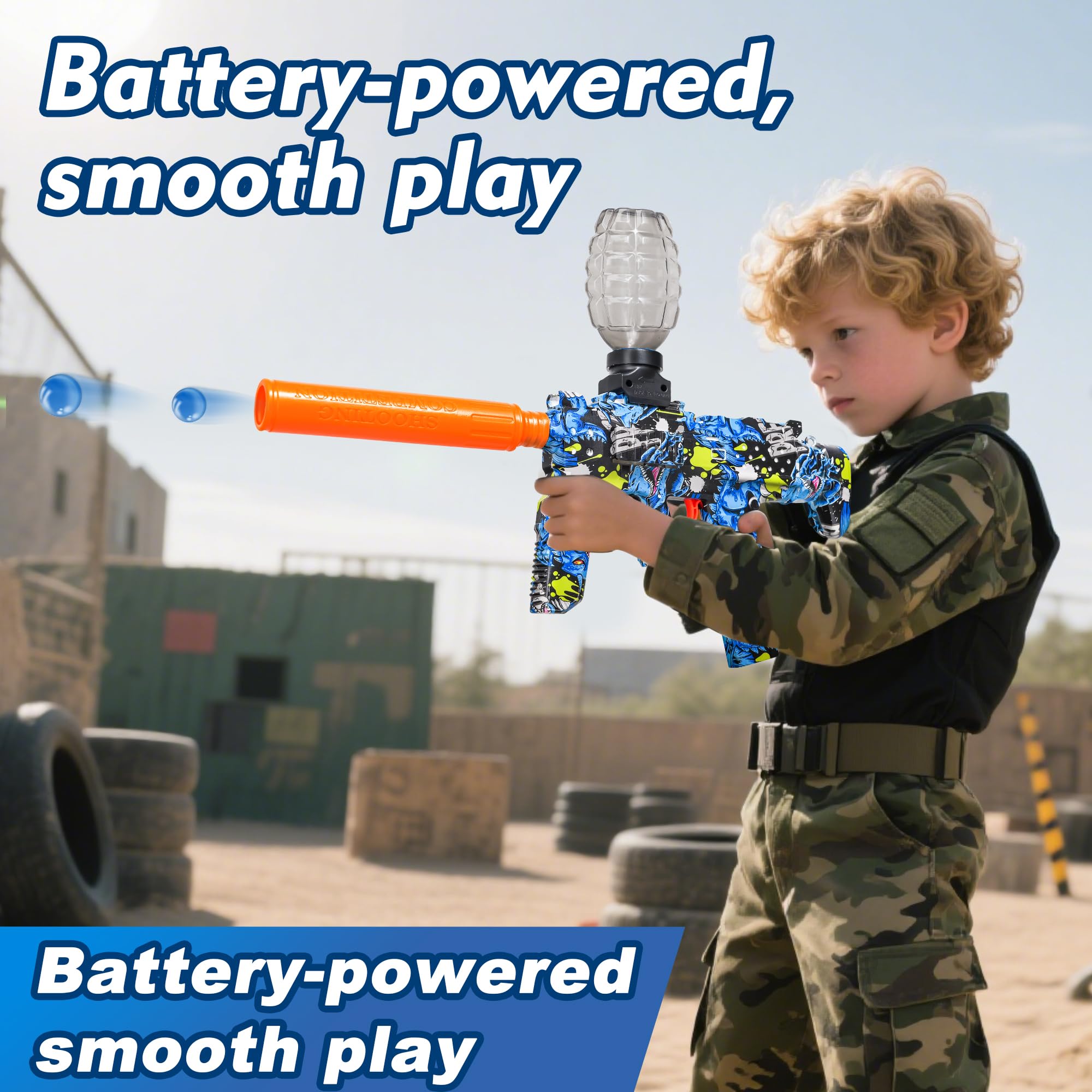 GELGLOCK automatic splatter ball blaster in action shot for rapid backyard skirmishes