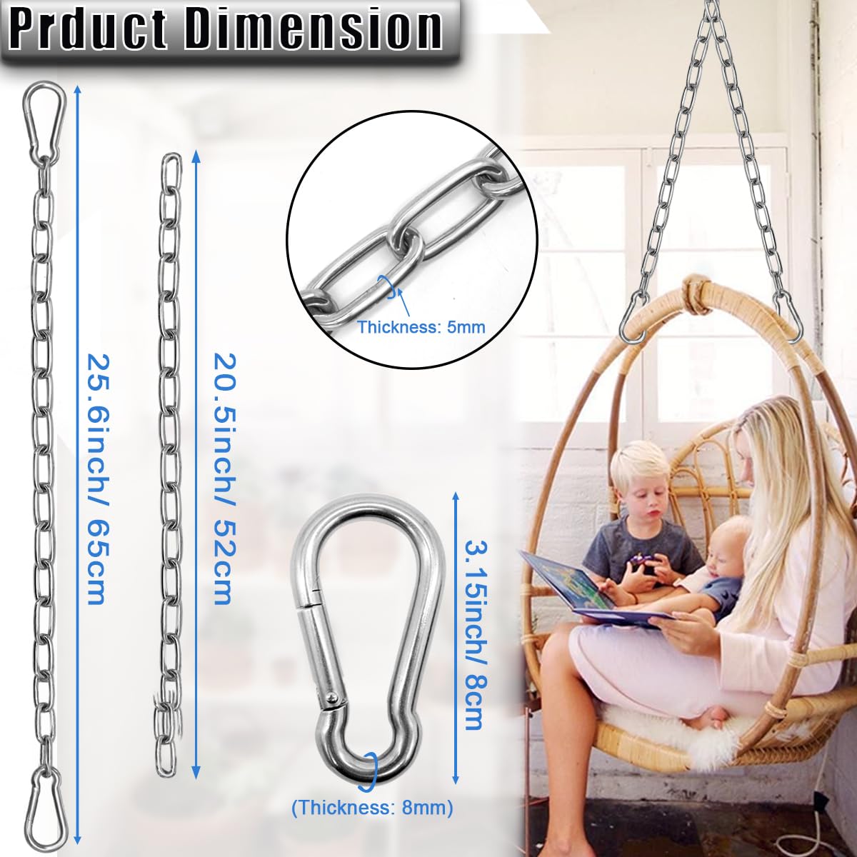 Gelury heavy-duty suspension chains with stainless steel links for lasting outdoor use.