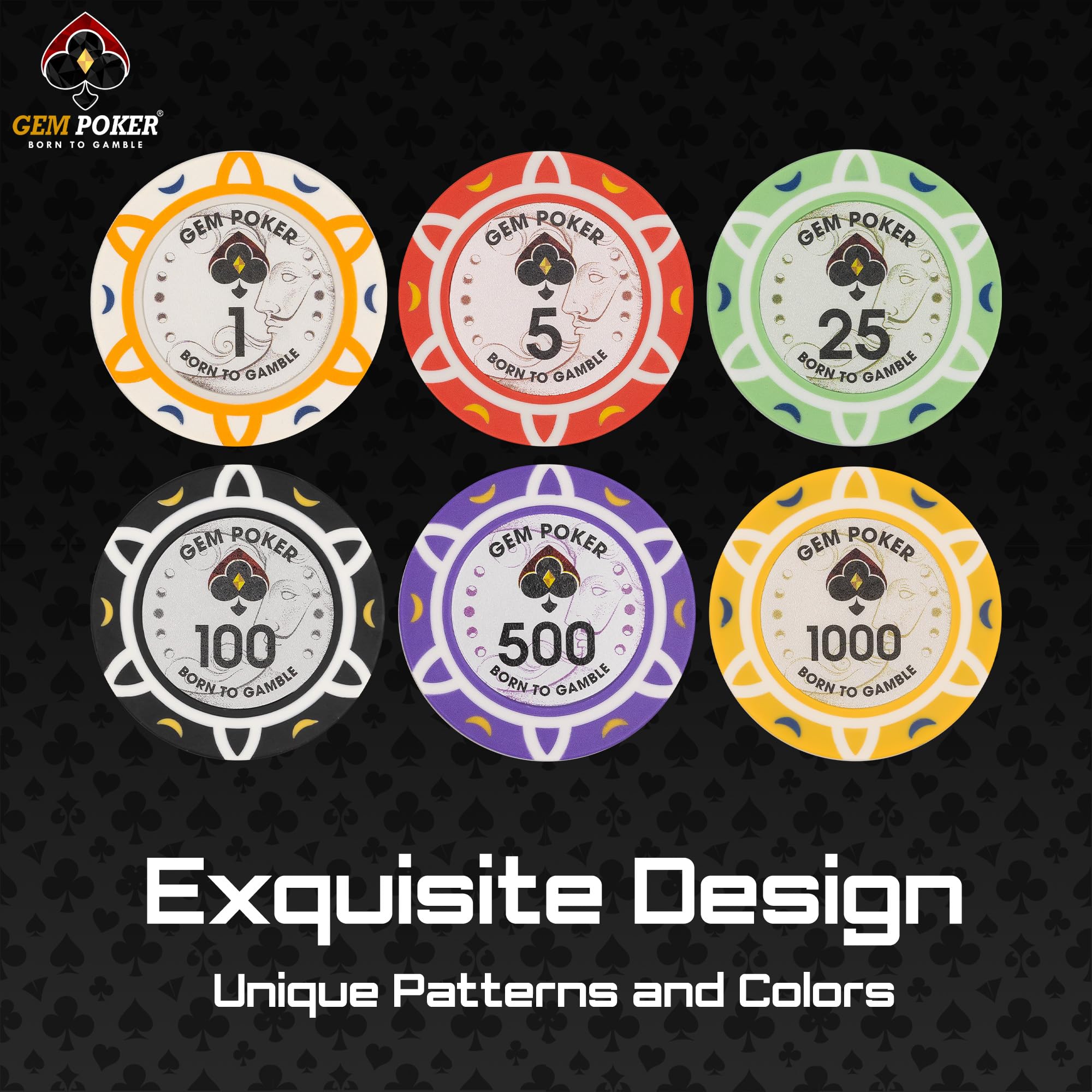 GEM POKER Luna intricately designed chip pattern and color.