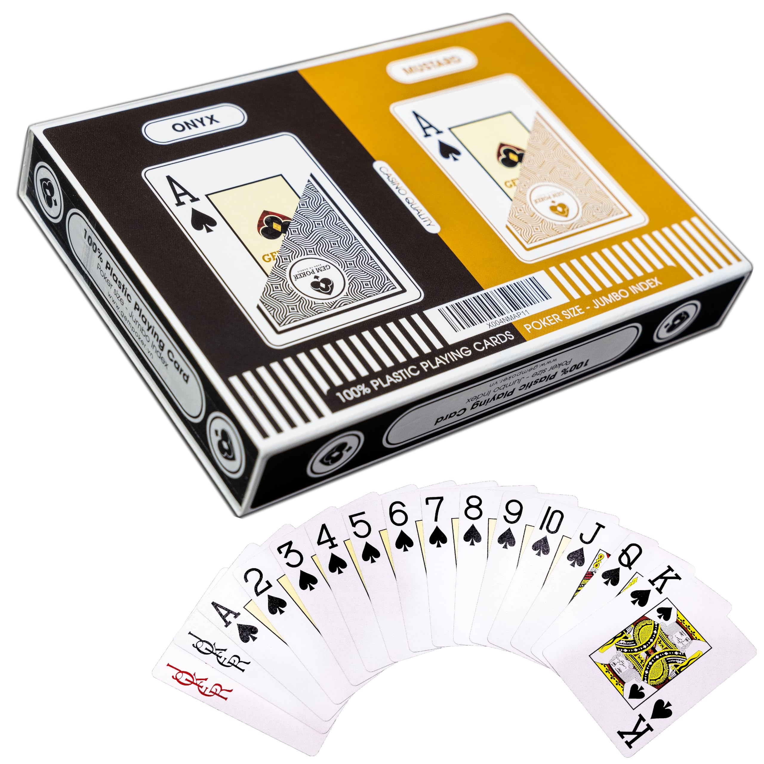 GEM POKER Onyx-Mustard deck close-up shows durable PVC finish.