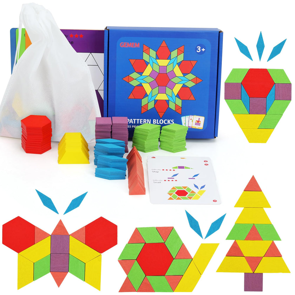 GEMEM 155-pcs wooden pattern blocks set showcases bright colors for hands-on geometry learning.