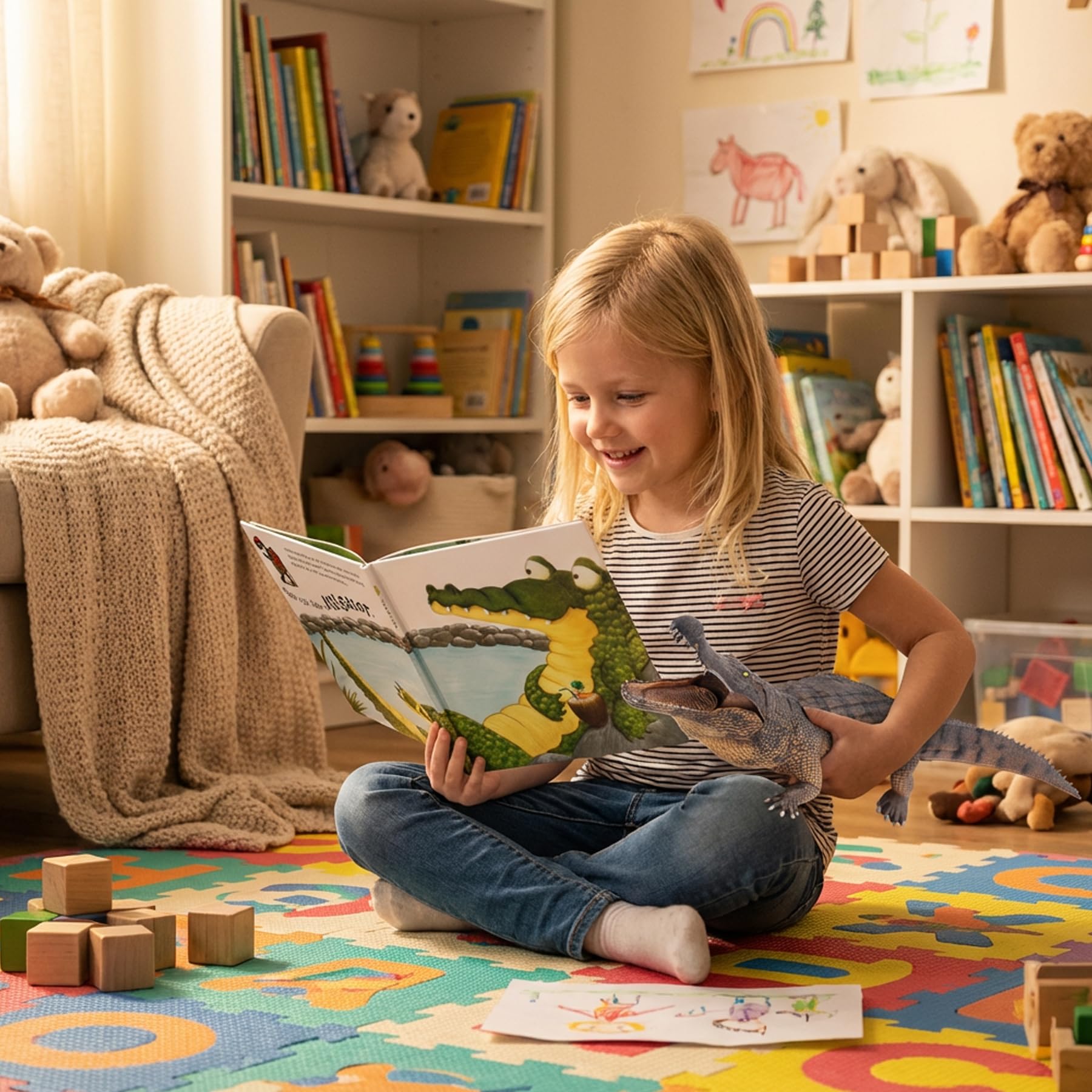 Gemini&Genius crocodile display model enhances a kid's bookshelf decor.