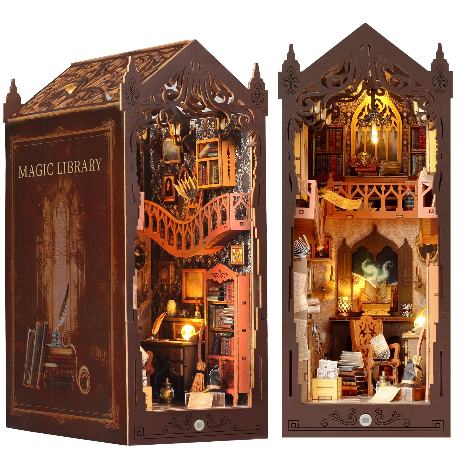 GEMOWN DIY Book Nook Kit front view with complete miniature library display.