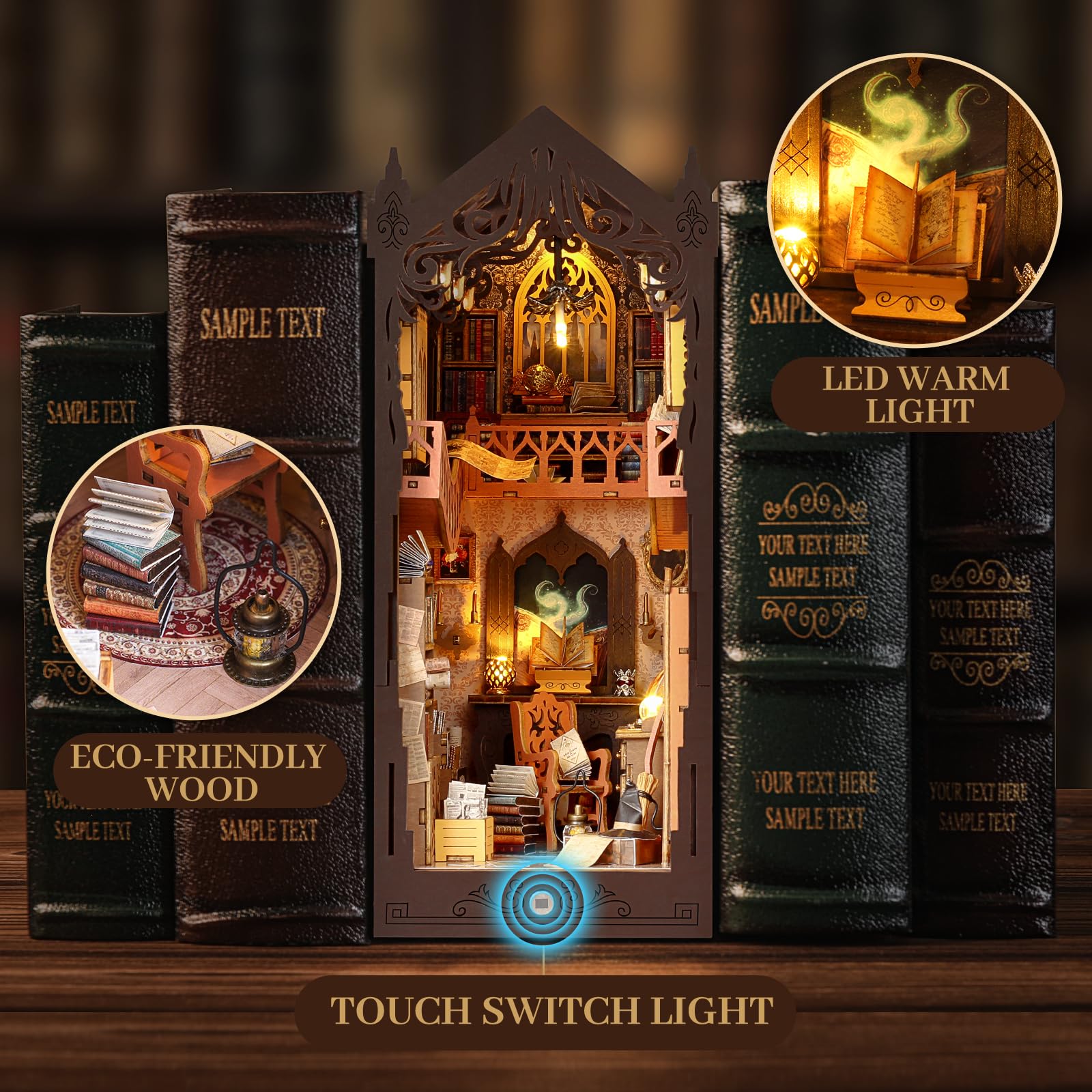 GEMOWN Magic Library miniature house interior scene with detailed furnishings.