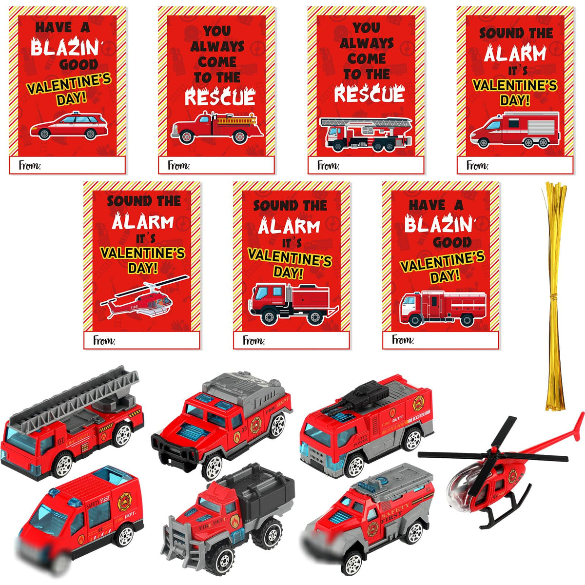 Gemscream 28 valentines fire-truck-set displayed for gift exchanges and party favors.