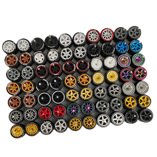 Generic rims with varied designs provide unique customization opportunities for 1:64 models.