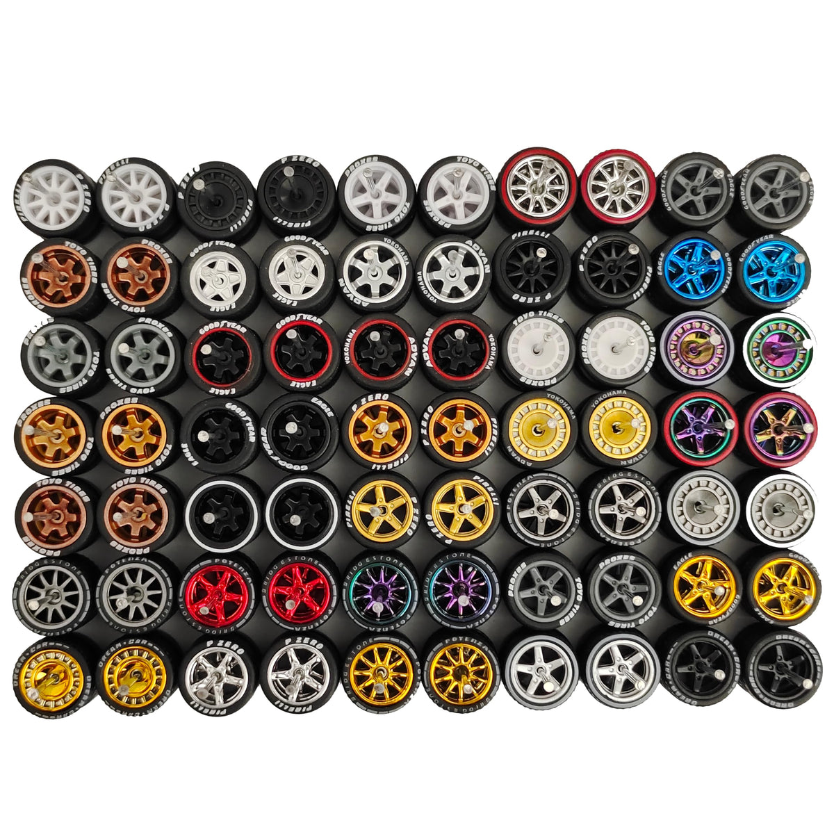 Generic 1:64 rubber wheel with logo offers authentic texture for customized diecast cars.