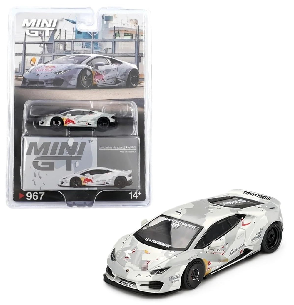 Generic 1:64 diecast Lamborghini Huracan LB-WORKS exterior on box for display.