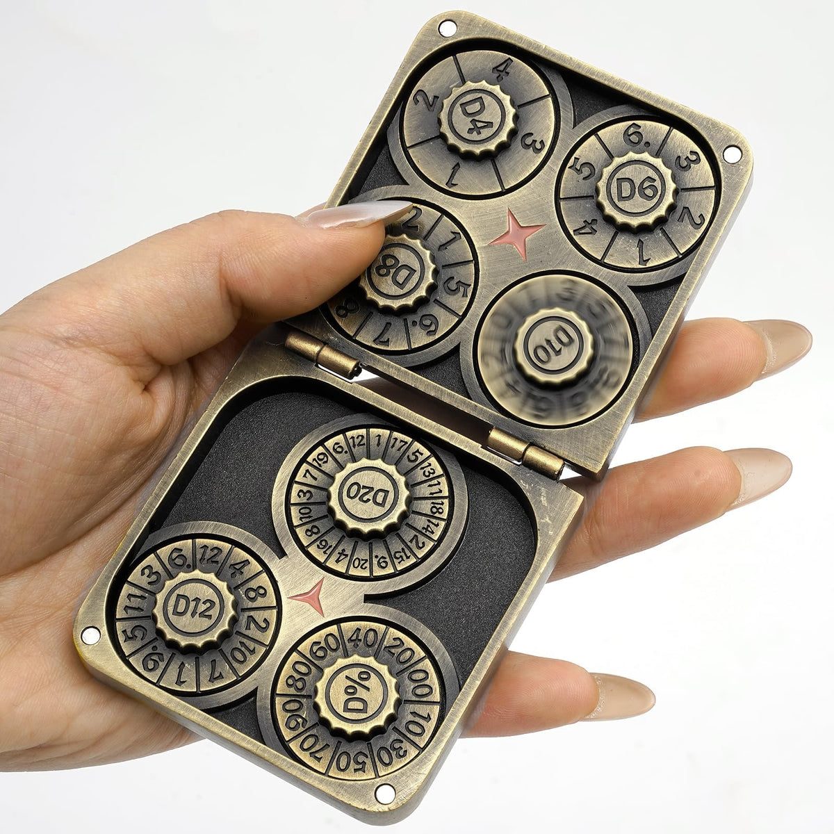 Generic 7-in-1 dice spinner in antique bronze, ideal for travel and on-the-go gaming