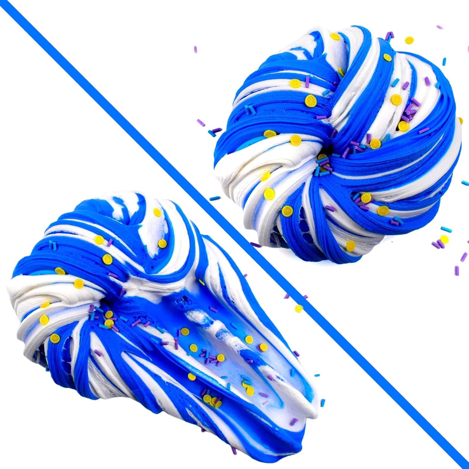Generic blue slime accessories and sprinkles add visual appeal and mixing fun.