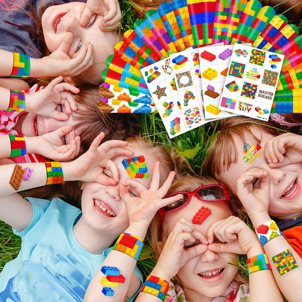 Generic Building Block Party Favors party scene shows vibrant colors and excitement.