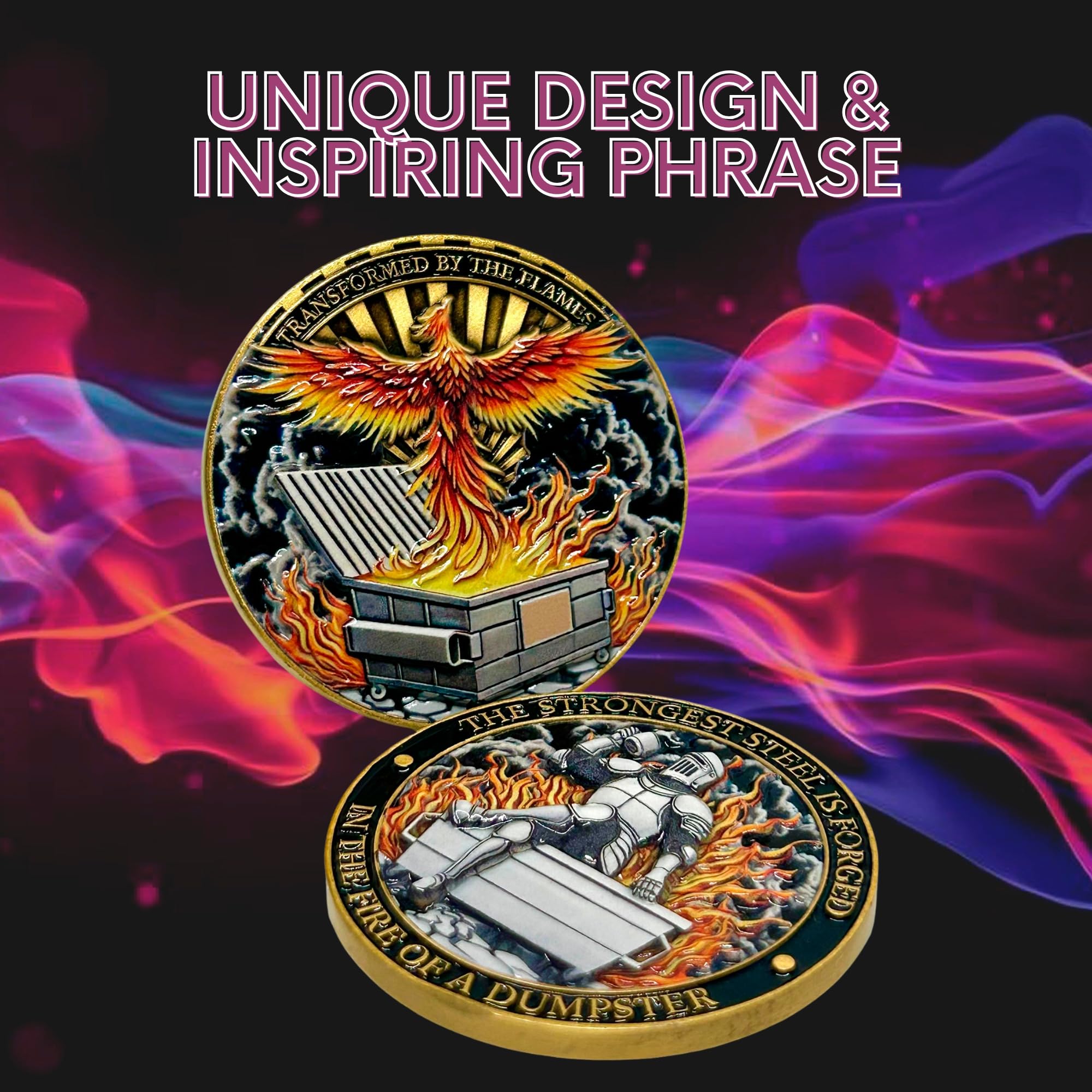 Generic Dumpster Fire Coin with 3D UV print adds vibrant, lasting detail.