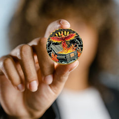 Generic Dumpster Fire Coin fits in pockets for on-the-go humor and resilience.