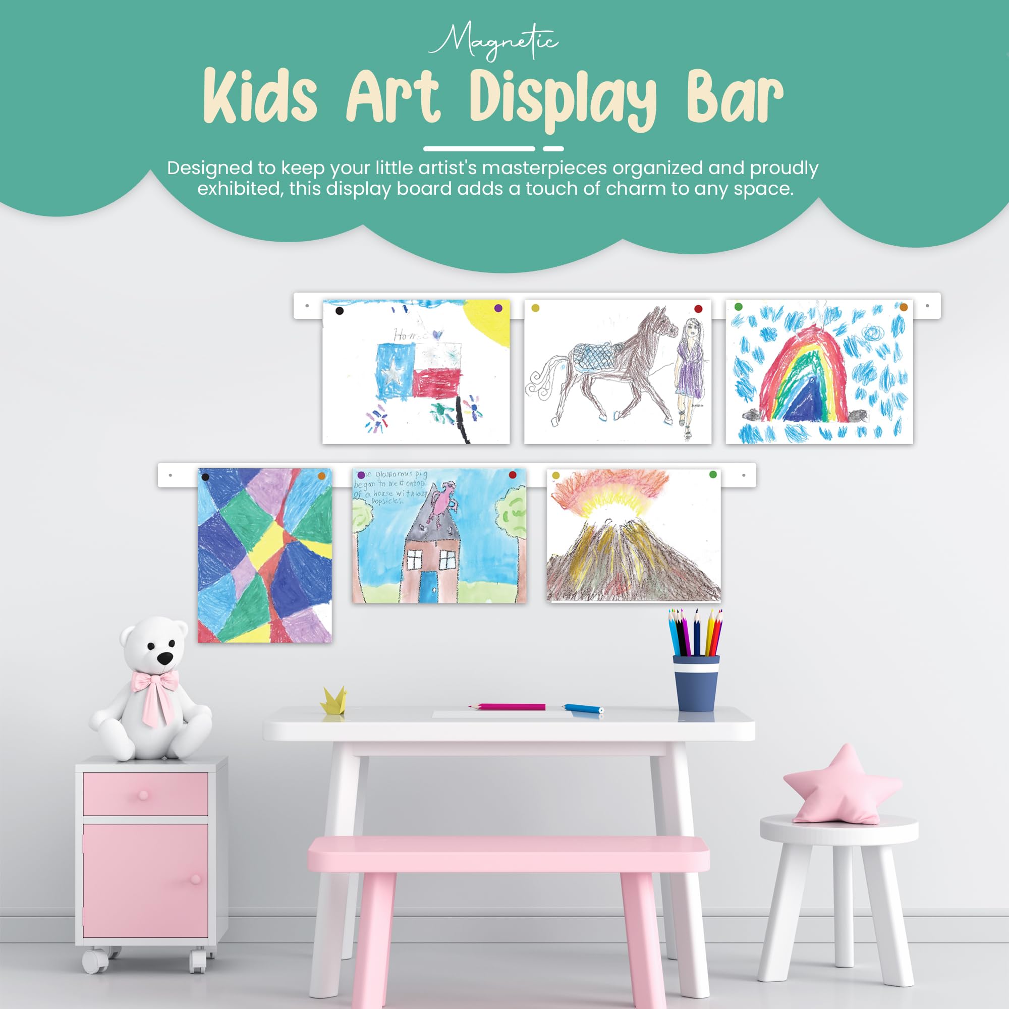 Generic kids art display magnets white show colorful magnets for quick artwork swaps.