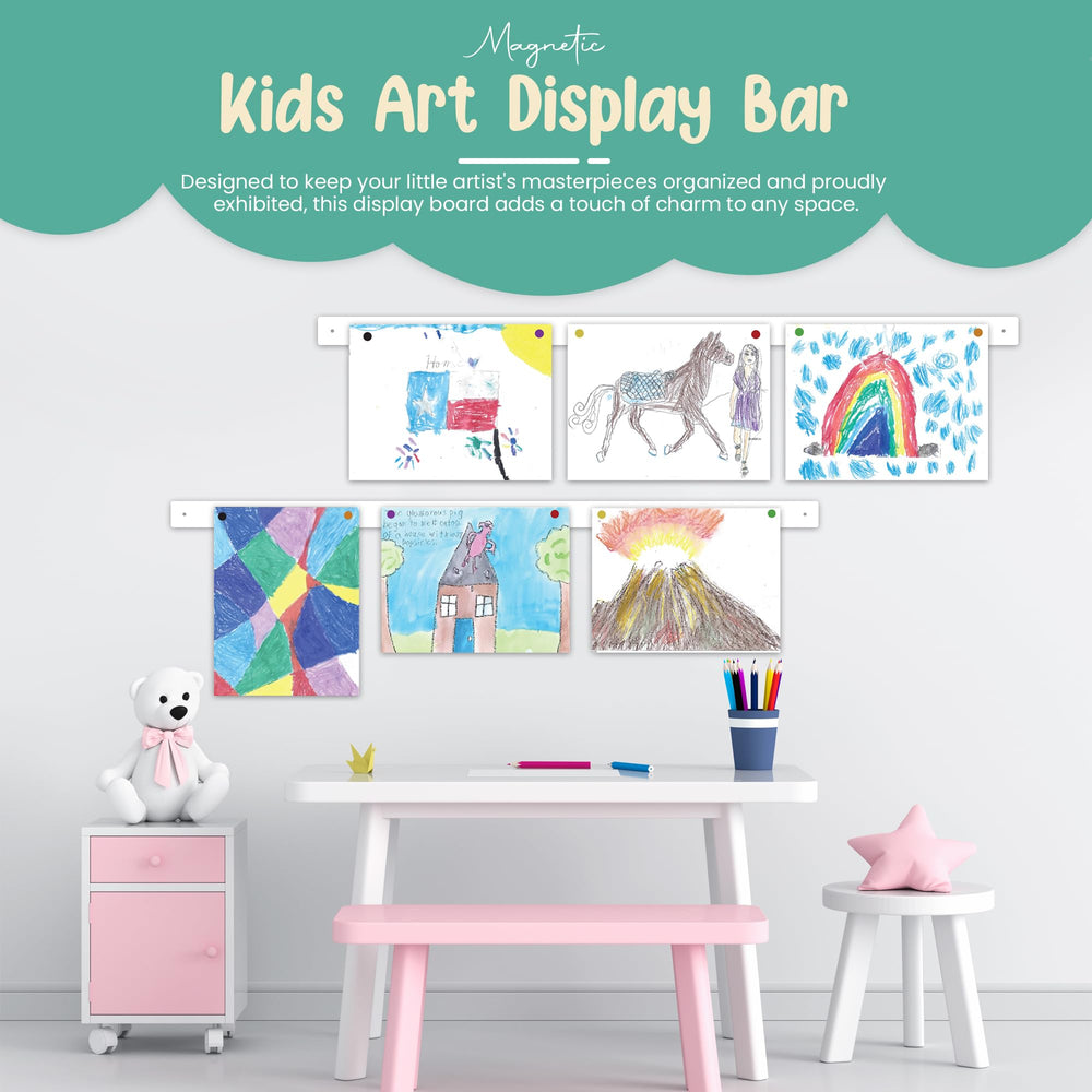 Generic kids art display magnets white show colorful magnets for quick artwork swaps.