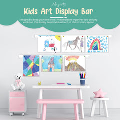 Generic kids art display magnets white show colorful magnets for quick artwork swaps.