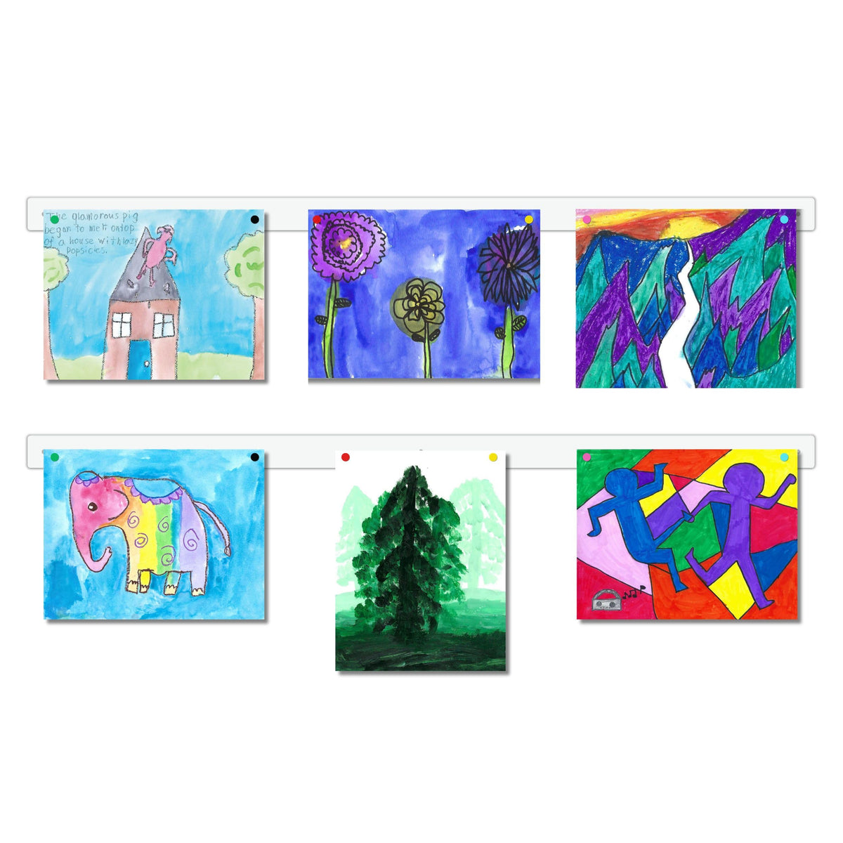 Generic magnetic art display 35in white wall bar showcases kids' artwork ready to rotate.