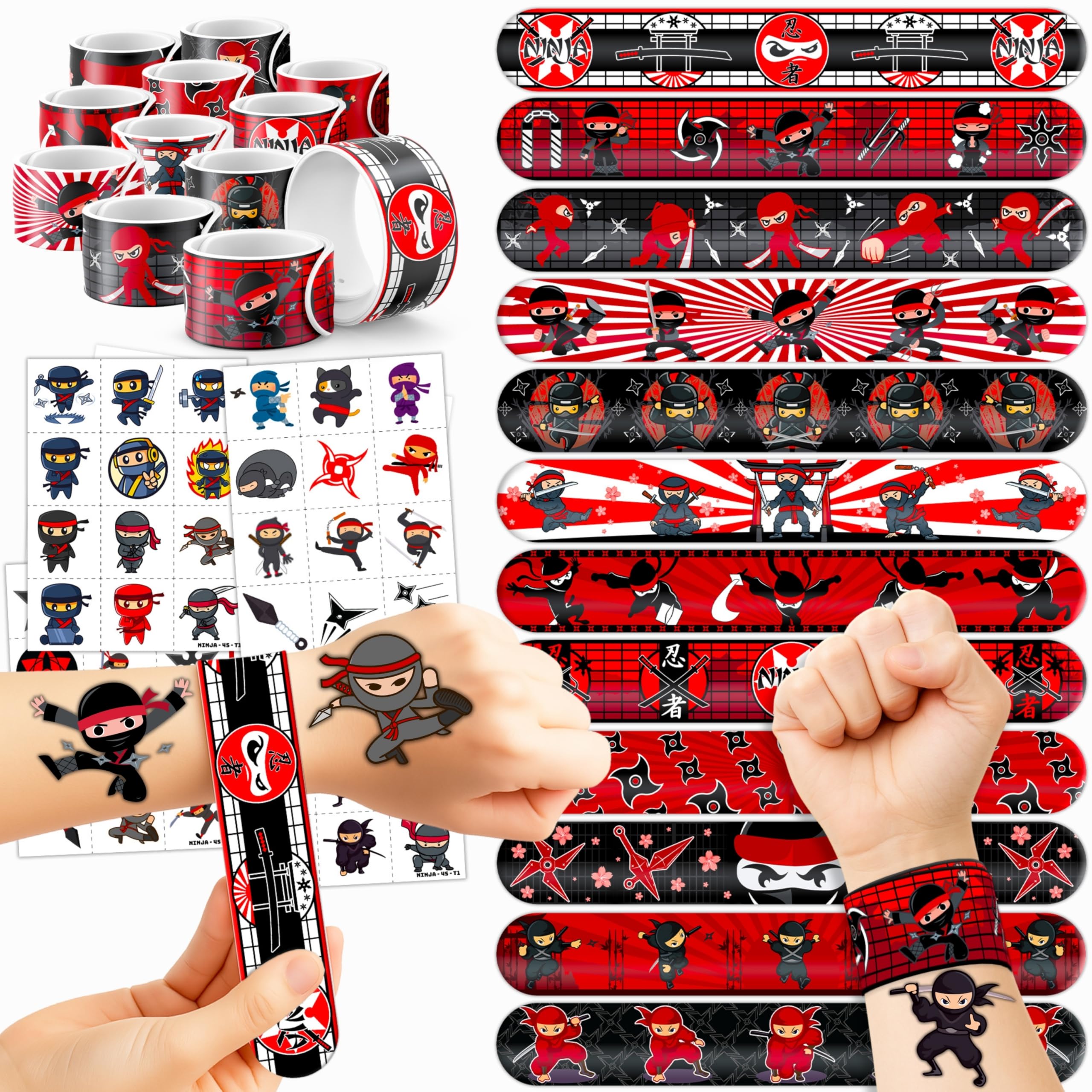 Generic Ninja slap bracelets wrist closeup show safe, comfortable wear for kids' parties.