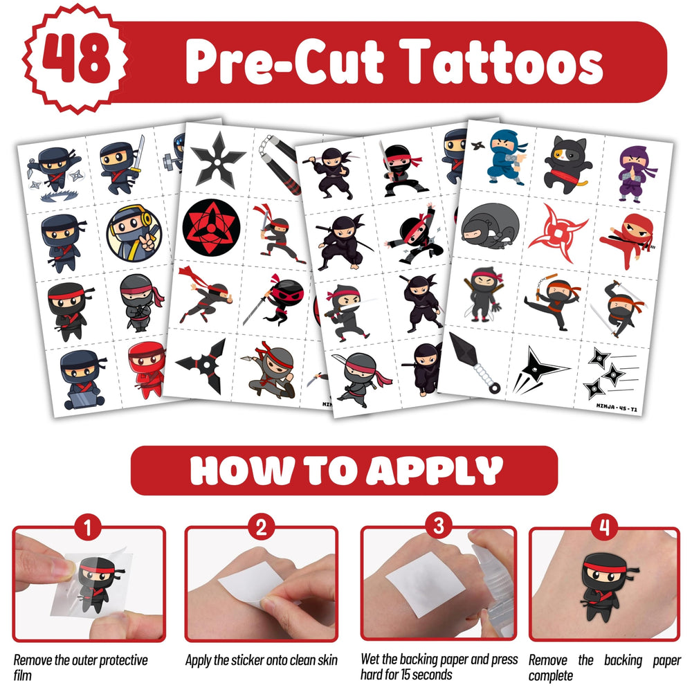 Generic Ninja tattoos collection closeup shows kid-friendly ninja designs for celebrations.