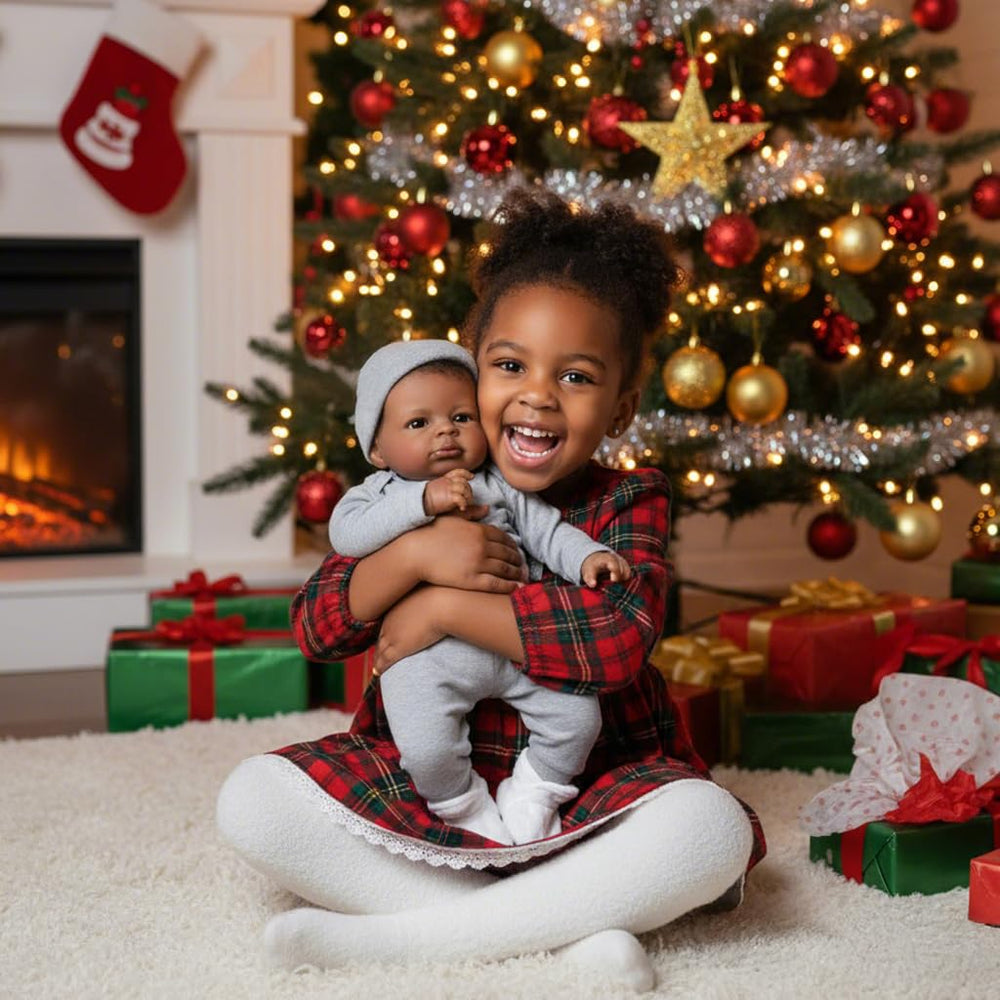 Generic realistic baby doll black boy dressed in outfit ready for dress-up play sessions.