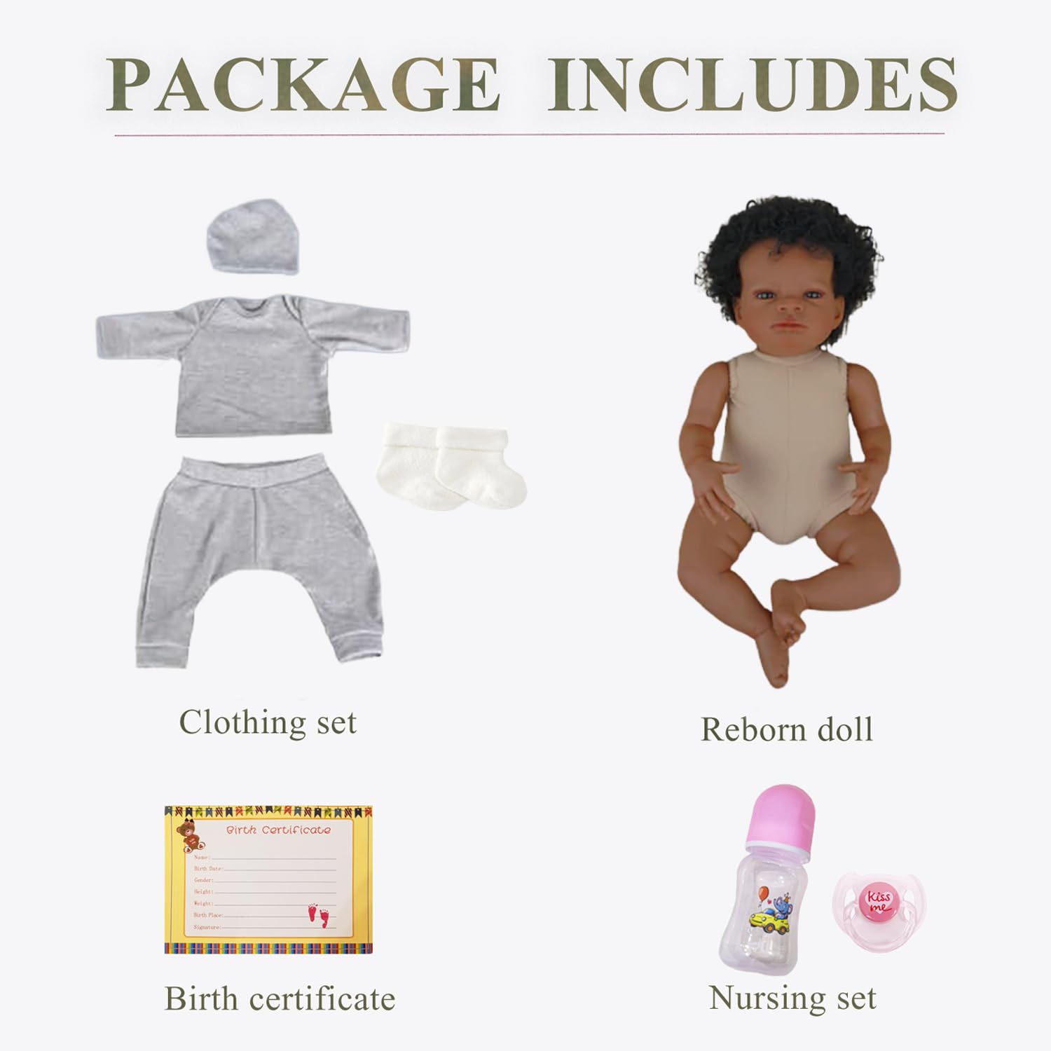 Generic realistic baby doll black boy in gift box with birth certificate.