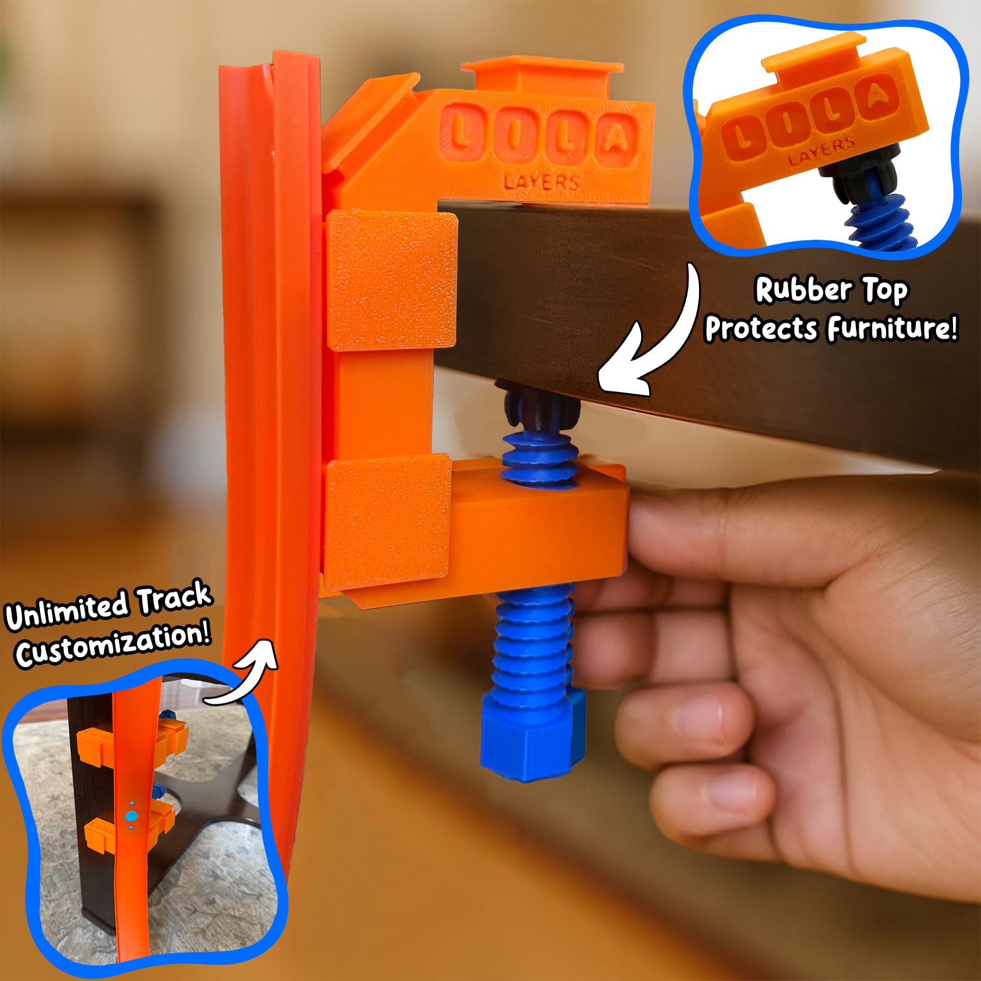 Generic Track Clamp on track, mid-action view, keeps racing lines steady.